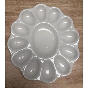 Old Deviled Egg Plate Ceramic Holds 12 Primitive Cream Colored Unmarked As Is